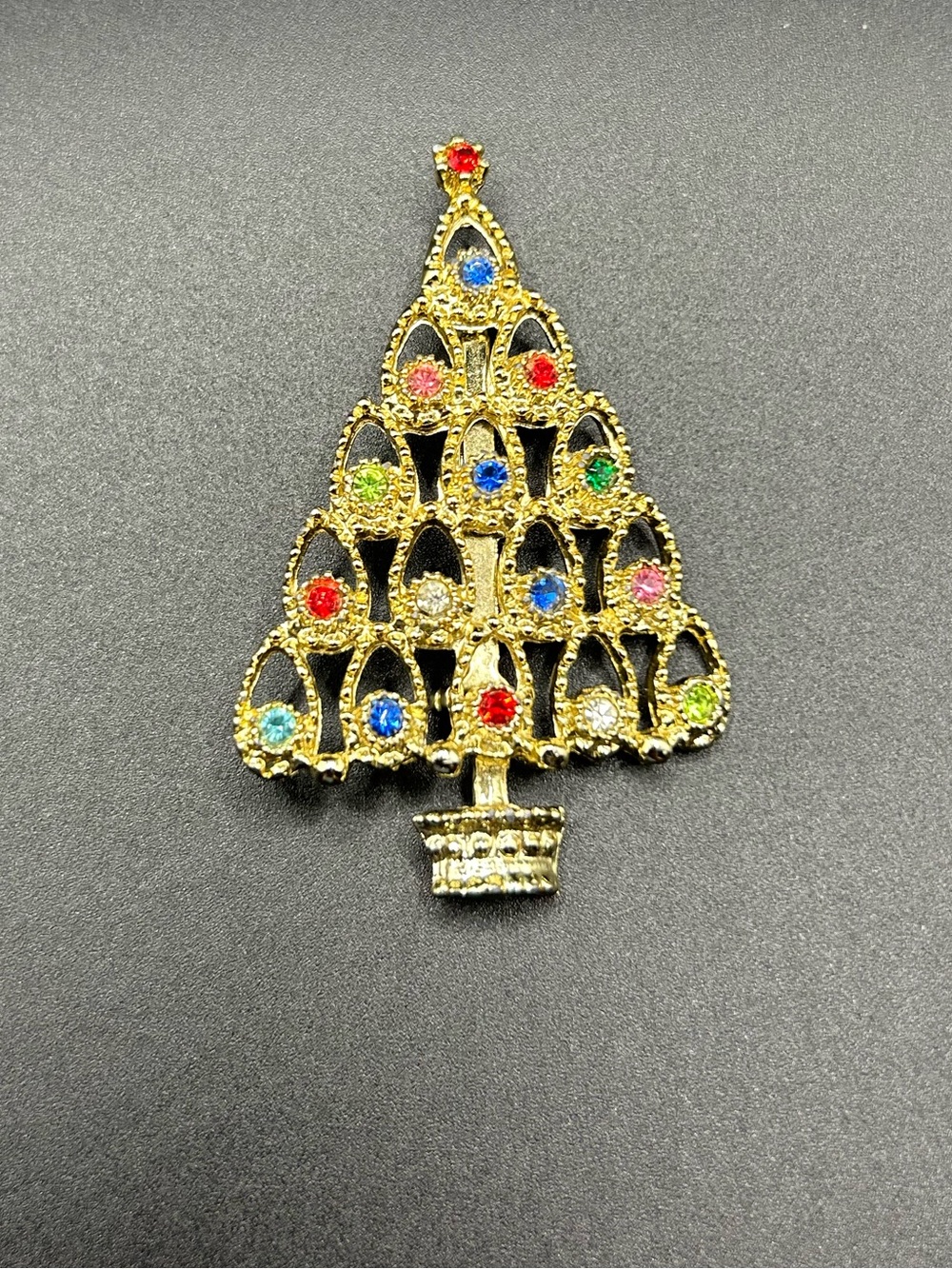Gold-tone Christmas Tree Brooch with Multicolor Rhinestones
